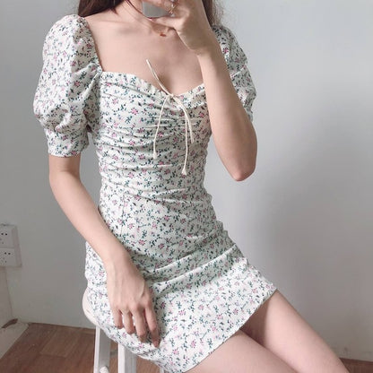 Summer Dress Retro Boho Women Tie Neck Floral Print Floral Mini Sexy White Dress Elegant Puff Sleeve Dresses Vestidos