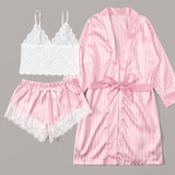 New 3 Pieces Women Pajamas Sets Faux Silk Pajamas Sleepwear Sets Elegant Sexy Lace Fashion Casual Home Clothes Nightwear