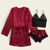 New 3 Pieces Women Pajamas Sets Faux Silk Pajamas Sleepwear Sets Elegant Sexy Lace Fashion Casual Home Clothes Nightwear