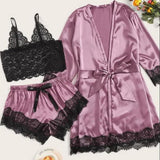 New 3 Pieces Women Pajamas Sets Faux Silk Pajamas Sleepwear Sets Elegant Sexy Lace Fashion Casual Home Clothes Nightwear
