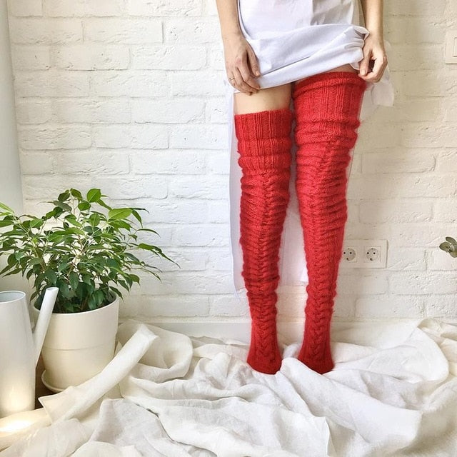 New Christmas Women's Long Knitted Stockings For Girls Ladies Women Winter Knit Socks Thigh High Over The Knee Socks