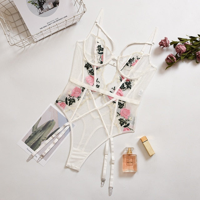 Estorenew Floral Embrodiery Lace Lingerie 3 Piece Set Sexy Underwear Women Bra and Panties Sets Bra Lingeries Feminina