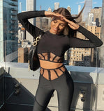 Estorenew 2021 Women Clothing Set Sexy Long Sleeve Mesh Black Bodycon Bandage Two Pieces Set Celebrity High Street Party Crop Tops Pants