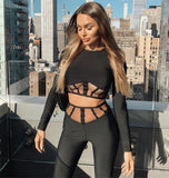 Estorenew 2021 Women Clothing Set Sexy Long Sleeve Mesh Black Bodycon Bandage Two Pieces Set Celebrity High Street Party Crop Tops Pants