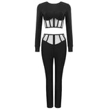 Estorenew 2021 Women Clothing Set Sexy Long Sleeve Mesh Black Bodycon Bandage Two Pieces Set Celebrity High Street Party Crop Tops Pants