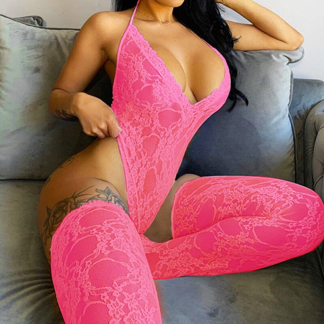 Hot Sexy Lace Solid Color Mesh Jumpsuit Sleeveless Backless Sling Deep V Neck Transparent Rompers For Women Trendy Overalls
