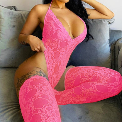 Hot Sexy Lace Solid Color Mesh Jumpsuit Sleeveless Backless Sling Deep V Neck Transparent Rompers For Women Trendy Overalls