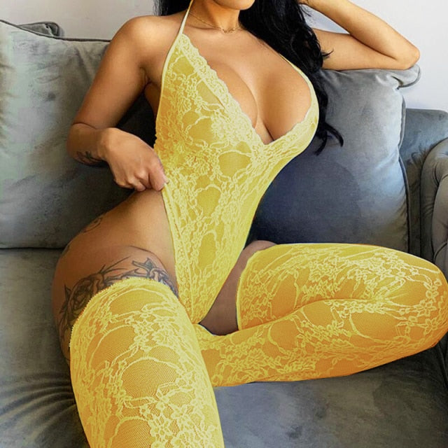 Hot Sexy Lace Solid Color Mesh Jumpsuit Sleeveless Backless Sling Deep V Neck Transparent Rompers For Women Trendy Overalls