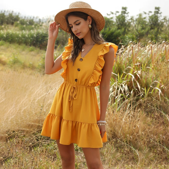 Estorenew Women Summer Dress Casual Boho Beach Ruffles New Fashion Mini Dress Party Sexy V-Neck High Waist Female Dresses