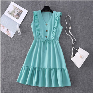 Estorenew Women Summer Dress Casual Boho Beach Ruffles New Fashion Mini Dress Party Sexy V-Neck High Waist Female Dresses