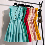 Estorenew Women Summer Dress Casual Boho Beach Ruffles New Fashion Mini Dress Party Sexy V-Neck High Waist Female Dresses