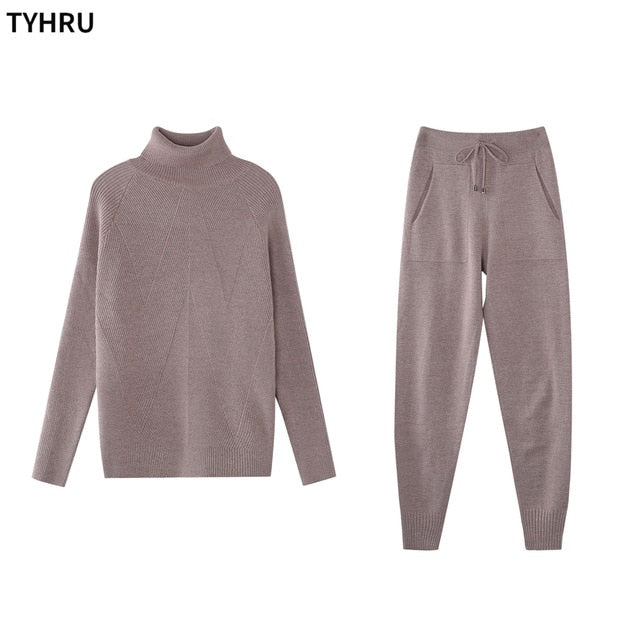 Autumn Winter Women's tracksuit Solid Color Striped Turtleneck Sweater and Elastic Trousers Suits Knitted Two Piece Set Estoreneww