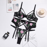 Estorenew Floral Embrodiery Lace Lingerie 3 Piece Set Sexy Underwear Women Bra and Panties Sets Bra Lingeries Feminina