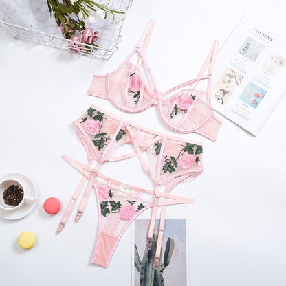 Estorenew Floral Embrodiery Lace Lingerie 3 Piece Set Sexy Underwear Women Bra and Panties Sets Bra Lingeries Feminina
