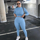 2021 Summer Women Sport Fitness 2 Two Piece Set Outfits Long Sleeve Crop Tops Tshirt Leggings Pants Set Bodycon Tracksuit1