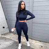 2021 Summer Women Sport Fitness 2 Two Piece Set Outfits Long Sleeve Crop Tops Tshirt Leggings Pants Set Bodycon Tracksuit