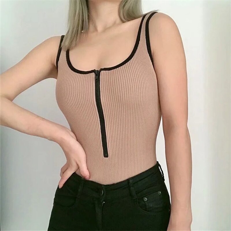 Estorenew Women's slim fit sports sports black retro bodysuit jumpsuit women's zipper solid color waistless sexy jumpsuit y2k Toops