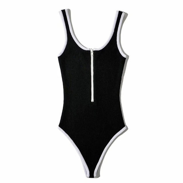 Estorenew Women's slim fit sports sports black retro bodysuit jumpsuit women's zipper solid color waistless sexy jumpsuit y2k Toops