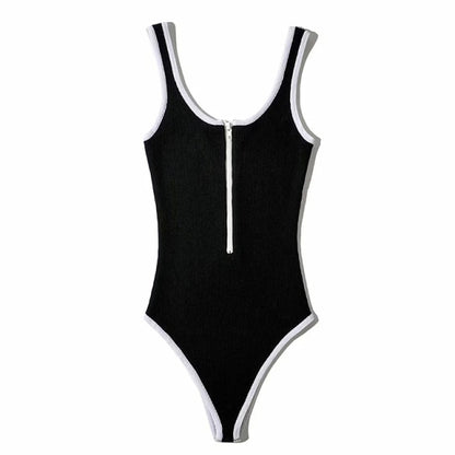 Estorenew Women's slim fit sports sports black retro bodysuit jumpsuit women's zipper solid color waistless sexy jumpsuit y2k Toops