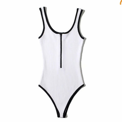 Estorenew Women's slim fit sports sports black retro bodysuit jumpsuit women's zipper solid color waistless sexy jumpsuit y2k Toops