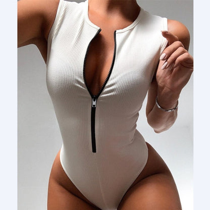 Estorenew Women's slim fit sports sports black retro bodysuit jumpsuit women's zipper solid color waistless sexy jumpsuit y2k Toops