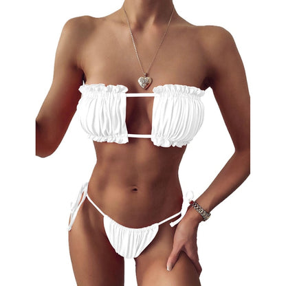 Sexy Solid Bikini 2021 Women Pleated Bandeau Swimsuit Female Low Waist Swimwear Women Beach Thong Bikini Set Bathing Suit Swim