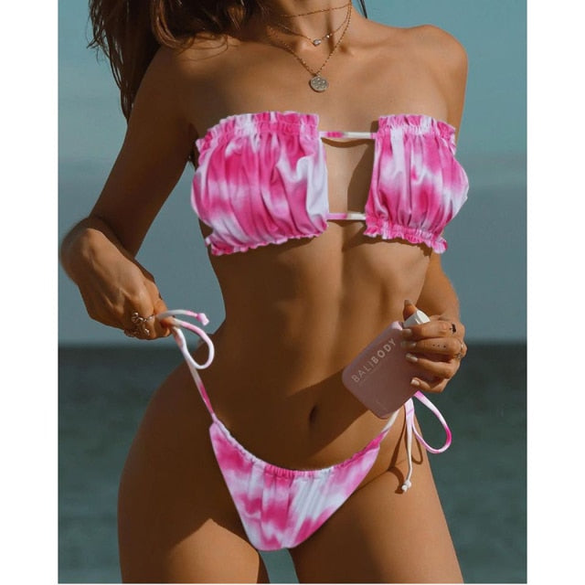 Sexy Solid Bikini 2021 Women Pleated Bandeau Swimsuit Female Low Waist Swimwear Women Beach Thong Bikini Set Bathing Suit Swim