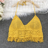 Estorenew Crop Tops Retro Wild Hollow Perspective Tassel Sexy Spaghetti Strap Tanke Top Women Built In Bra 2021 New Back Lace Halter Neck