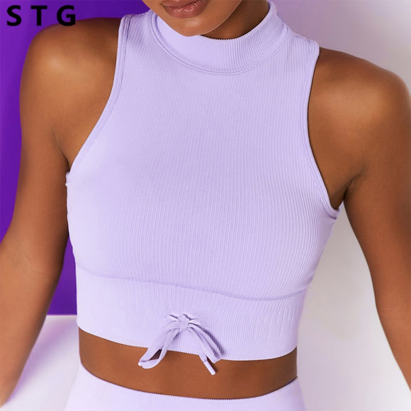 Estorenew Sexy High Neck Sports Bra Women Seamless Gather Yoga Underwear Gym Running Exercise Fitness High Neck Small Vest Yoga Top