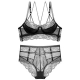 Estorenew French Ultra-thin Sexy Lace Bra Set Women Hollow Black Underwear Plus Size CD Cup Bralette Body Sculpting Waist-high Panties Set