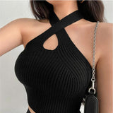 Estorenew Women Y2K Black Halter Tops Female Knitted Tank Tops Solid Sexy Tops Women Off Shoulder Crop Tops For Women Summer