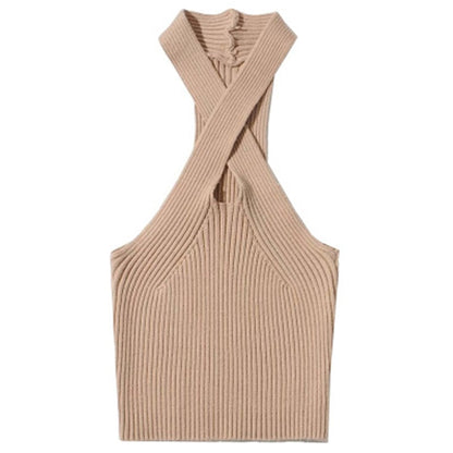 Estorenew Women Y2K Black Halter Tops Female Knitted Tank Tops Solid Sexy Tops Women Off Shoulder Crop Tops For Women Summer
