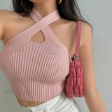 Estorenew Women Y2K Black Halter Tops Female Knitted Tank Tops Solid Sexy Tops Women Off Shoulder Crop Tops For Women Summer