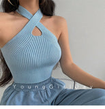 Estorenew Women Y2K Black Halter Tops Female Knitted Tank Tops Solid Sexy Tops Women Off Shoulder Crop Tops For Women Summer