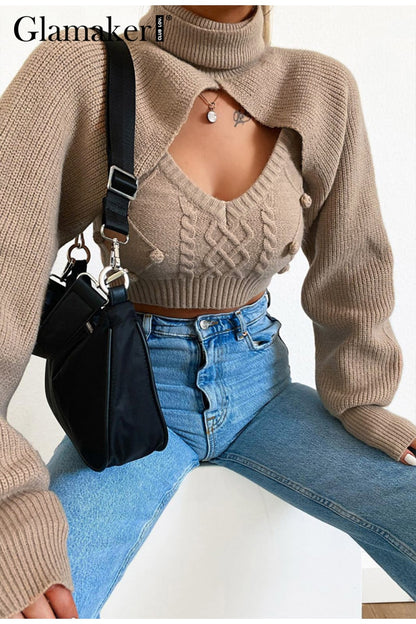Estorenew Hairball 2 piece set women autumn winter turtleneck crop sweaters vest knit top Sexy backless knitted chic new jumper