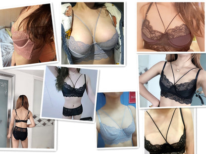 Estorenew French Ultra-thin Sexy Lace Bra Set Women Hollow Black Underwear Plus Size CD Cup Bralette Body Sculpting Waist-high Panties Set