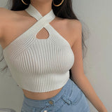 Estorenew Women Y2K Black Halter Tops Female Knitted Tank Tops Solid Sexy Tops Women Off Shoulder Crop Tops For Women Summer