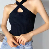 Estorenew Women Y2K Black Halter Tops Female Knitted Tank Tops Solid Sexy Tops Women Off Shoulder Crop Tops For Women Summer