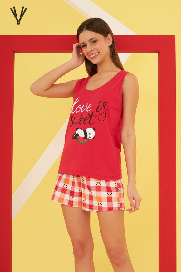 Red Love Is Sweet The Sleeping Panda Shorts Set Cotton Women Pajama Sets